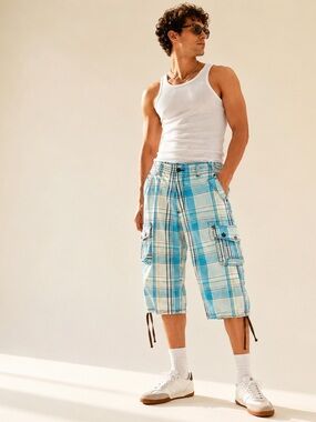 Y2K Plaid Cargo Capri Shorts Drawstring Hem Archive Utility Size 32